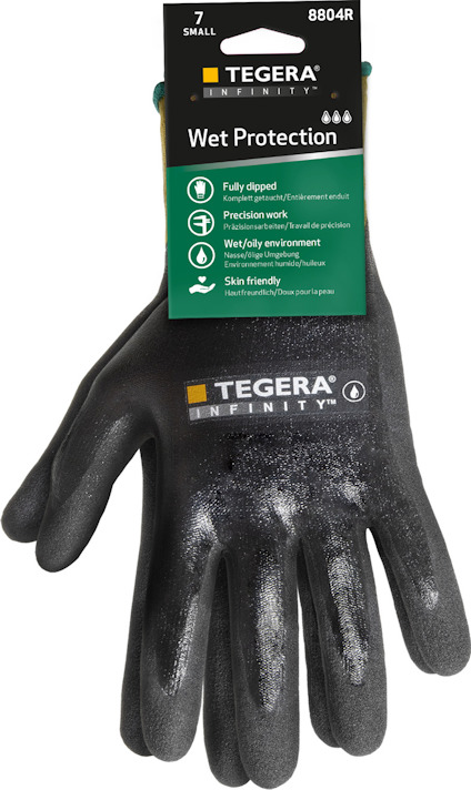 Syntetdopplad handske med texten "TEGERA INFINITY" och etikett som beskriver funktioner som "Wet Protection" och "Precision work".