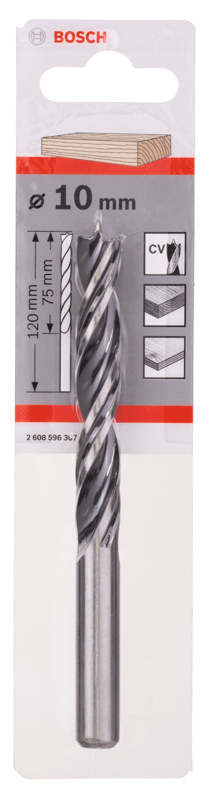 Borr från Bosch i förpackning, märkning "10 mm" med illustrationer och text på kartongen.