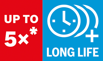 Röd och blå grafik; text: "UP TO 5x*" med en klocka och plustecken, "LONG LIFE".