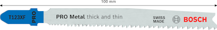 Sticksågblad i metall, märkt med "T123XF", "PRO Metal thick and thin", "100 mm", "SWISS MADE", "BOSCH".