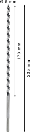 Borr med en diameter på 6 mm, total längd 235 mm, aktiv del 170 mm.