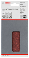 Förpackning med Bosch sandpapper Wood+Paint, kornstorlek 60/120, 93x186 mm, 10-pack.