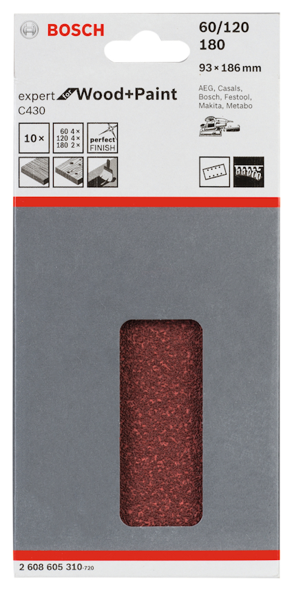 Förpackning med Bosch sandpapper Wood+Paint, kornstorlek 60/120, 93x186 mm, 10-pack.