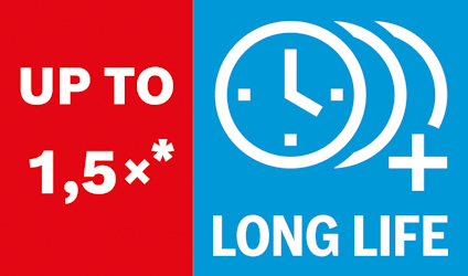 Röd och blå skylt med texten "UP TO 1,5x*" och symbol för klocka jämte "LONG LIFE".