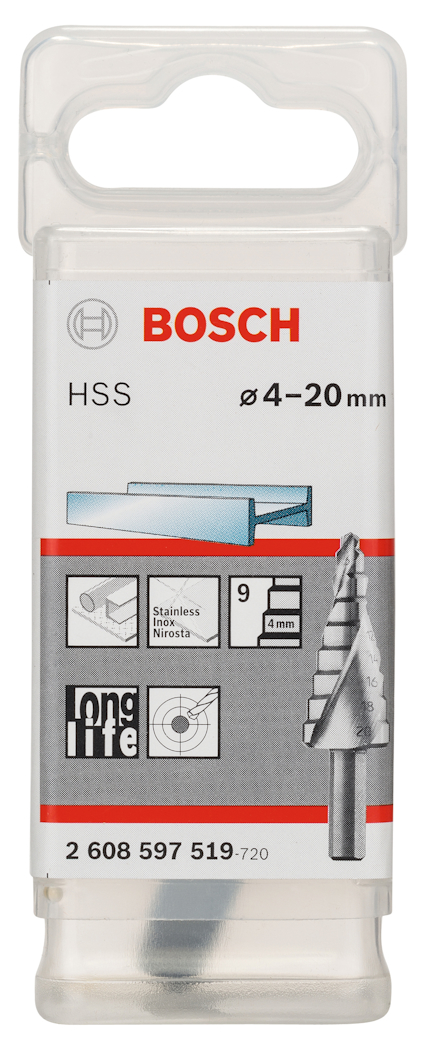 Förpackning med en borr från Bosch, märkning HSS, storlek 4-20 mm, avsedd för rostfritt stål och metall.