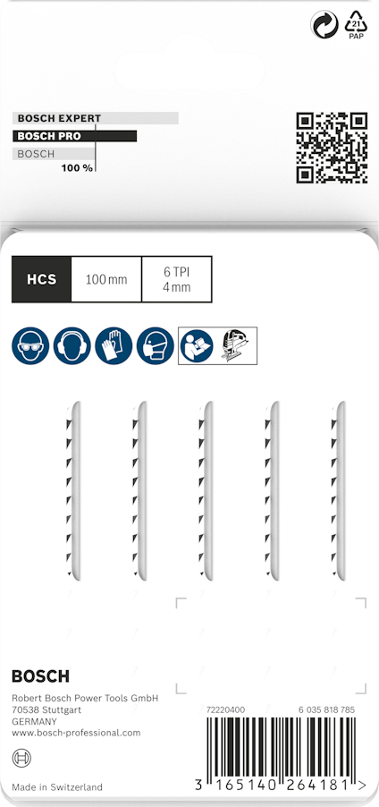 Förpackning med Bosch sticksågblad, HCS, 100 mm, 6 TPI, 4 mm. Innehåller streckkod och produktinformation.