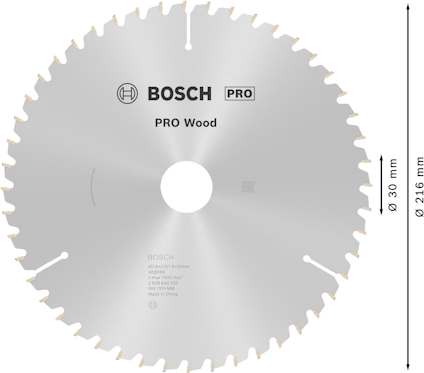 Rund sågklinga från Bosch för trä, diameter 216 mm, hålstorlek 30 mm, märkning "PRO Wood".