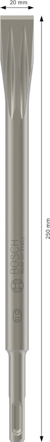 Stämjärn av metall, 250 mm långt och 20 mm brett, med Bosch-logotyp.