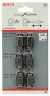 Förpackning med Bosch-adaptrar för hålsågar, storleksspan anges från 14-32 mm och 33-76 mm.