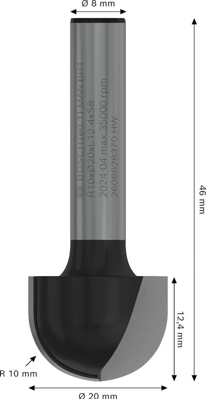 Frässtål med 8 mm skaft, 10 mm radie, och totallängd 46 mm. Innehåller Bosch-logotyp och specifikationer.