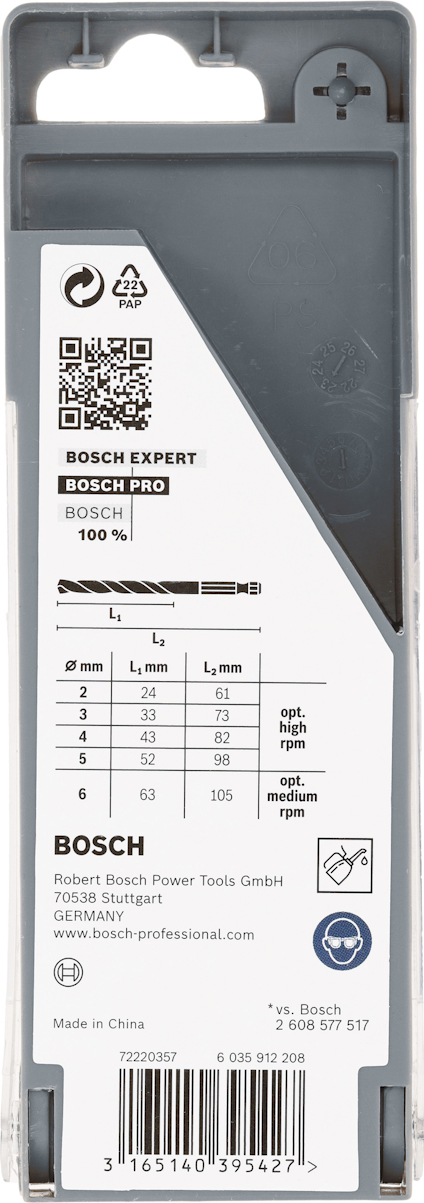 Förpackning för Bosch borrbitar med dimensioner och kontaktinformation tydligt synliga.