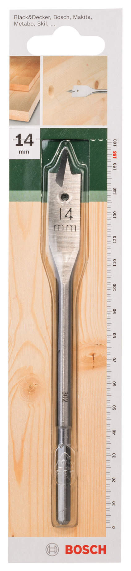 Förpackning med Bosch borrspets för trä, 14 mm.