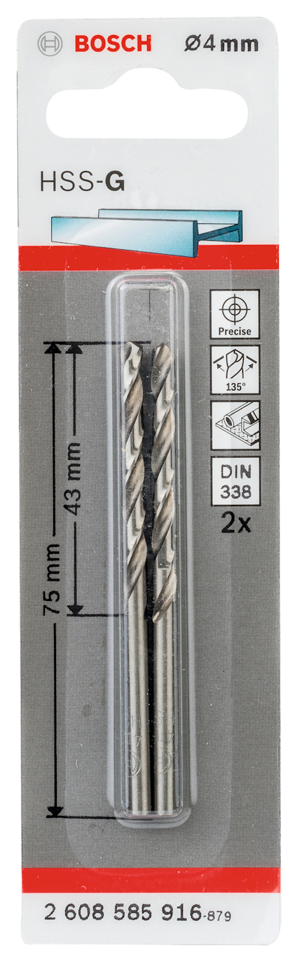 Förpackning med två metallborr från Bosch, 4 mm, HSS-G, DIN 338, längd 75 mm, arbetbar längd 43 mm.
