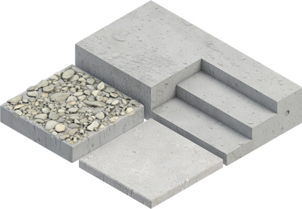 Betongblock i olika storlekar, ett med en grov yta av småsten.