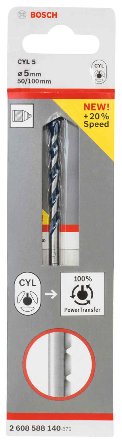 Förpackning till borr från Bosch, CYL-5, 5 mm, med etiketter som "NYHET! +20% Speed" och "100% PowerTransfer".