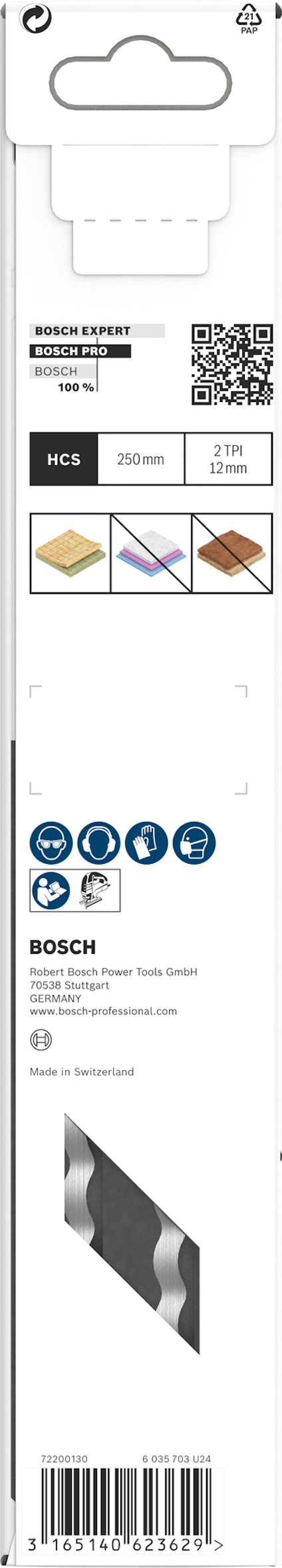 Förpackning med Bosch sågblad. Information om bladets mått: 260 mm och 3 tpi. Lämpligt för trä, gips, cement. QR-kod synlig.