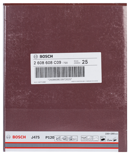 Brunt sandpapper från Bosch, etikett med text: "2 608 608 C09", "Stock 25", "J475 P120", "230x280mm".