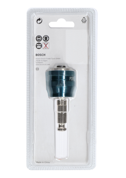 Förpackad Bosch Power Change Adapter med plastfäste och borstlös design.
