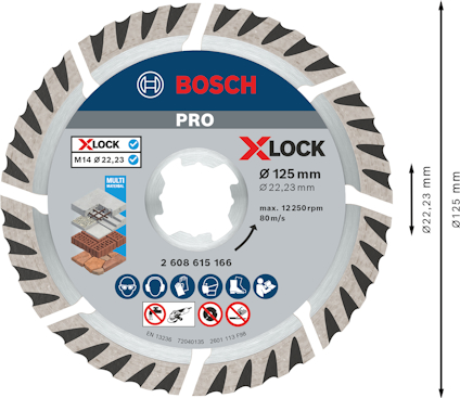 Sågklinga med Bosch-logotyp, text "PRO X-LOCK", 125 mm diameter, max 12250 rpm, symboler för säkerhetsanvändning.