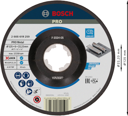 Slipskiva Bosch PRO Metal, diameter 125 mm, tjocklek 6 mm, håldiameter 22,23 mm, max varvtal 12250 rpm.