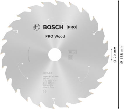 Cirkelsågblad med etikett "PRO Wood", 20 tänder, 165 mm i diameter. Bosch-logotyp och text; "Made in China".
