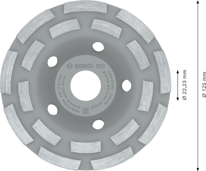 Diamantslipskiva med segmenterad kant, text: "Bosch, Diamond Technology, Ø125 mm, Ø22.23 mm".