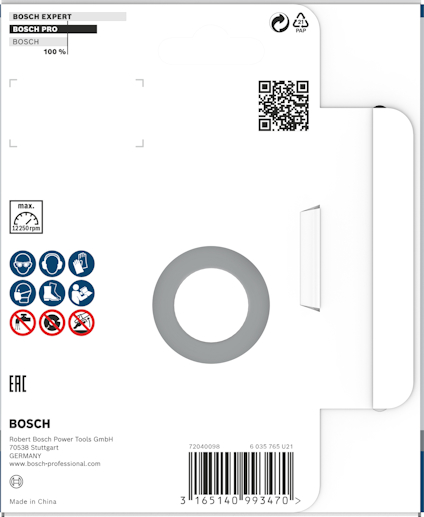 Förpackning med detaljer och symboler för Bosch-expertprodukter, inklusive QR-kod och adress.