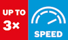 Röd och blå ruta med texten "UP TO 3x SPEED" samt en illustration av en hastighetsmätare.