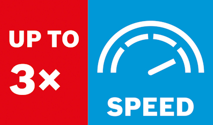 Röd och blå ruta med texten "UP TO 3x SPEED" samt en illustration av en hastighetsmätare.