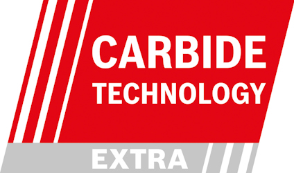 Röd och vit skylt med texten "CARBIDE TECHNOLOGY" och "EXTRA" i en grå sektion.