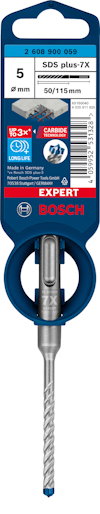 Borrlös med etikett med text "Bosch", "SDS plus-7X" och "8 mm". Streckkod och produktinformation synliga.