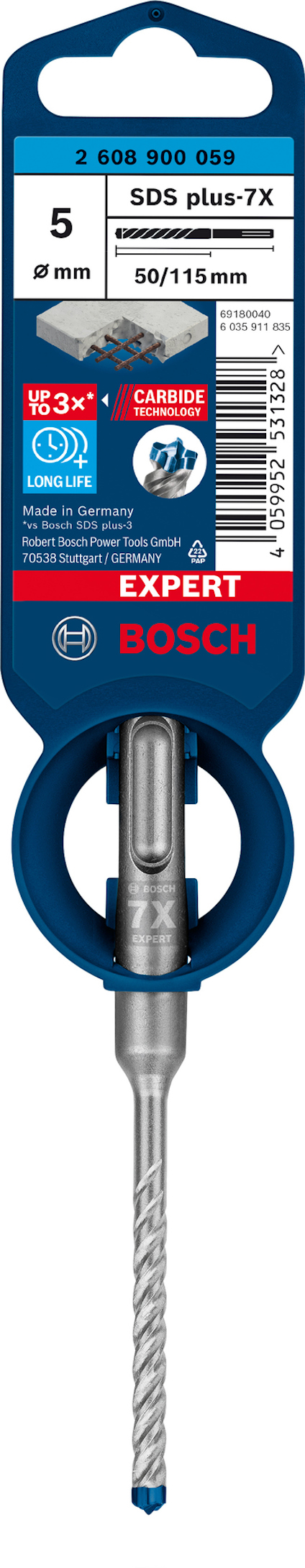 Borrlös med etikett med text "Bosch", "SDS plus-7X" och "8 mm". Streckkod och produktinformation synliga.