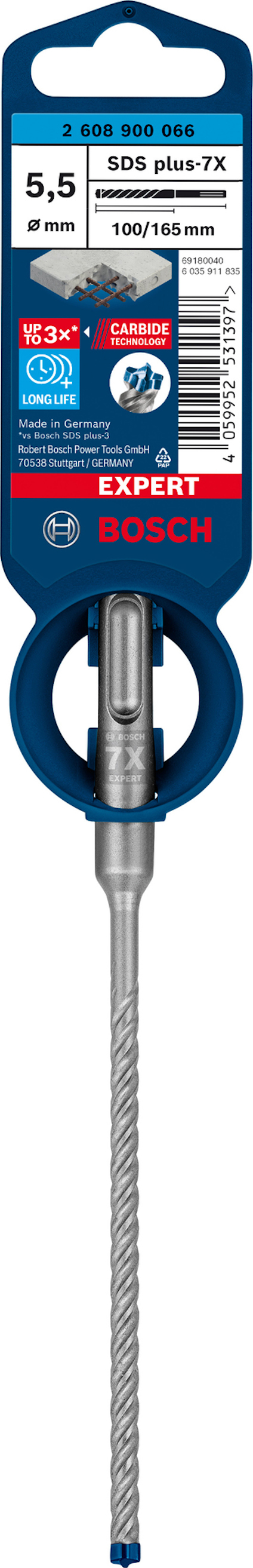 Borr från Bosch, diameter 5,5 mm, längd 100/165 mm, SDS plus-7X, med blå och röd förpackning.