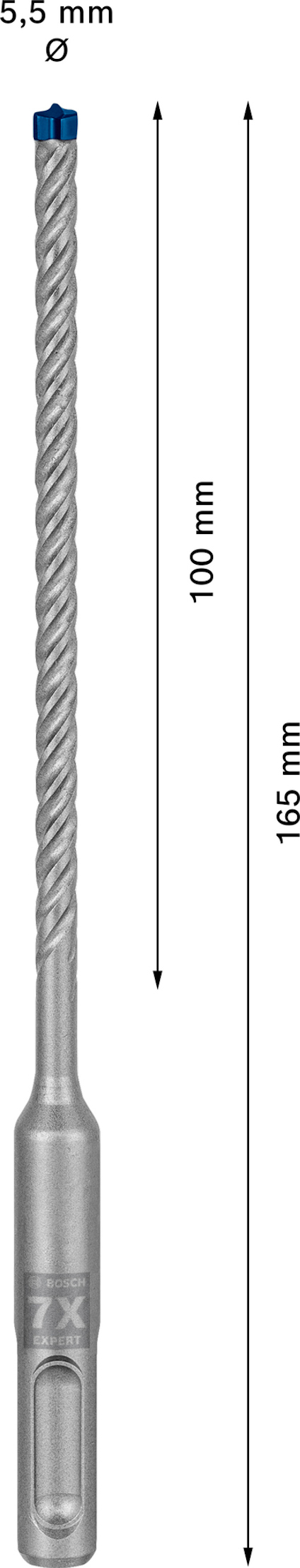 Borr med 5,5 mm diameter och 165 mm längd, blå spets, märkning 7X, med mätlinjer och måttangivelser.