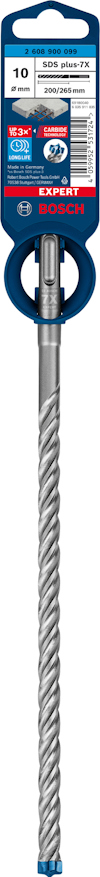 Borrkrona med spiralformad design, fastsatt på förpackning märkt "Bosch Expert SDS-plus 10x200mm".