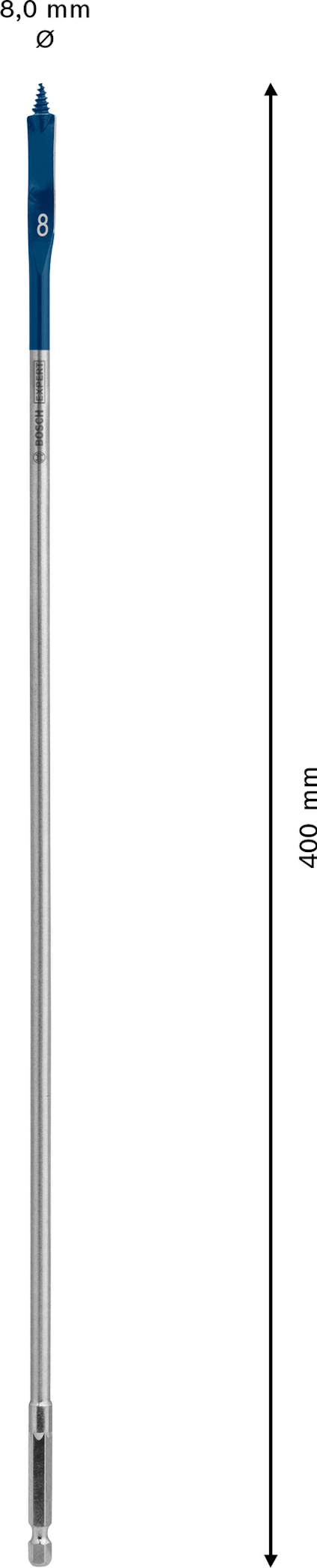 Silverfärgad stång med blå topp, märkning "8,0 mm" och "ø", längd markerad som 400 mm.