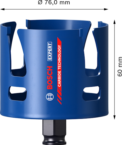 Blå holtsåg med texten "BOSCH EXPERT CARBIDE TECHNOLOGY", diameter 76 mm och höjd 60 mm.