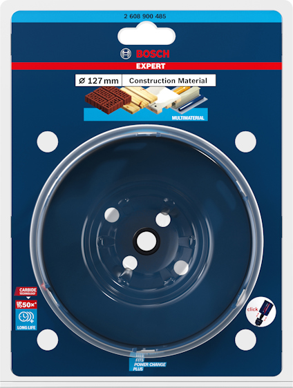 Förpackning med Bosch Expert sågklinga, 127 mm, för byggmaterial. Märkt "Carbide", "EXPERT" och "VE50X".