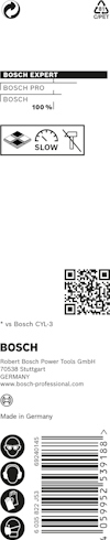 Förpackning med Bosch logotyp, QR-kod, streckkod och text om tillverkning i Tyskland.