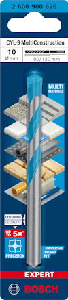 Borr från Bosch, CYL-9 MultiConstruction, 10 mm, 80/120 mm. Märkt för multi-material och precision.