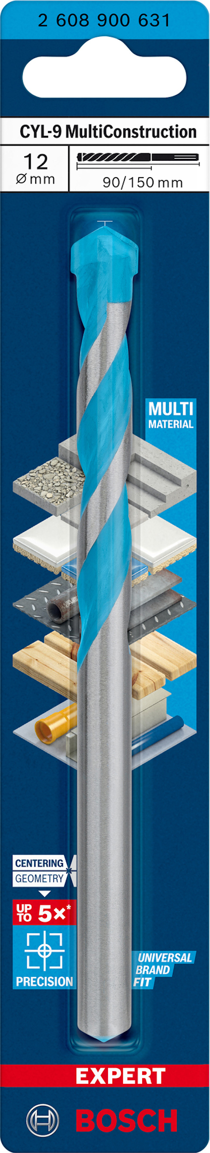 Borr från Bosch för multikonstruktion, 12 mm, 90/150 mm. Förpackningen visar olika material det kan användas på.