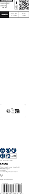Förpackning med Bosch sågklinga och streckkod samt QR-kod. Information: 230 x 2,7/1,8 x 30 mm, Z=36.