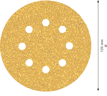Rund sandpapper med åtta hål, diameter 125 mm.