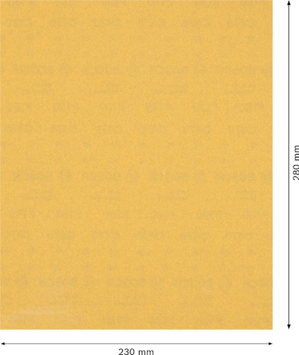 Ett rektangulärt ark sandpapper i gul färg, mått 230 mm x 280 mm.