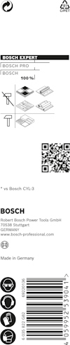 Förpackning för Bosch Expert kapblad, med QR-kod och symboler för olika material. Text: Bosch Pro. Made in Germany.
