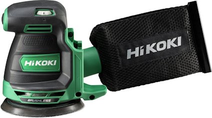 Grön och svart excenterslip Hikoki med ett dammuppsamlingssystem anslutet på baksidan.