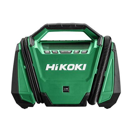 Grön och svart portabel Hikoki UP18DA kompressor med handtag och tryckslang fäst vid sidan.