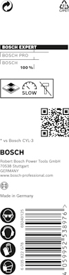 Förpackning med Bosch borr, QR-kod och diverse symboler, svart text på vit bakgrund.