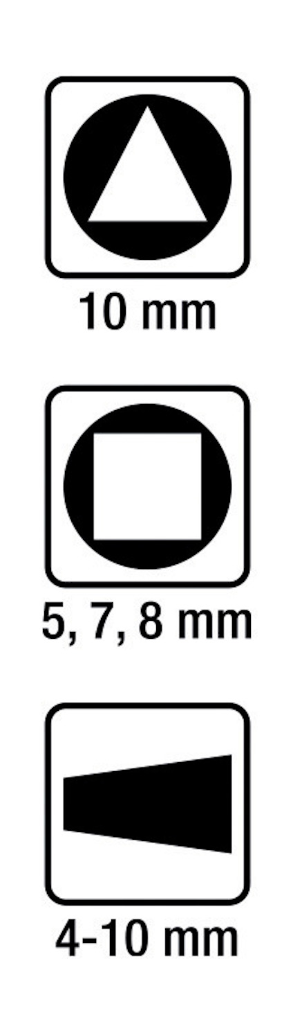 Tre symboler med olika former: en triangel, en kvadrat och en kon, med text "10 mm", "5, 7, 8 mm" respektive "4-10 mm".