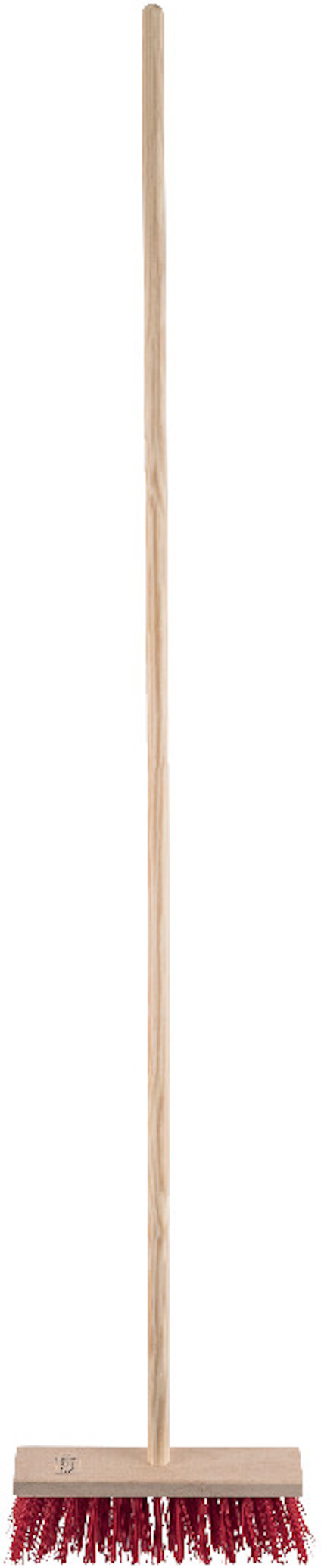 Borste med långt träskaft och röda borst.